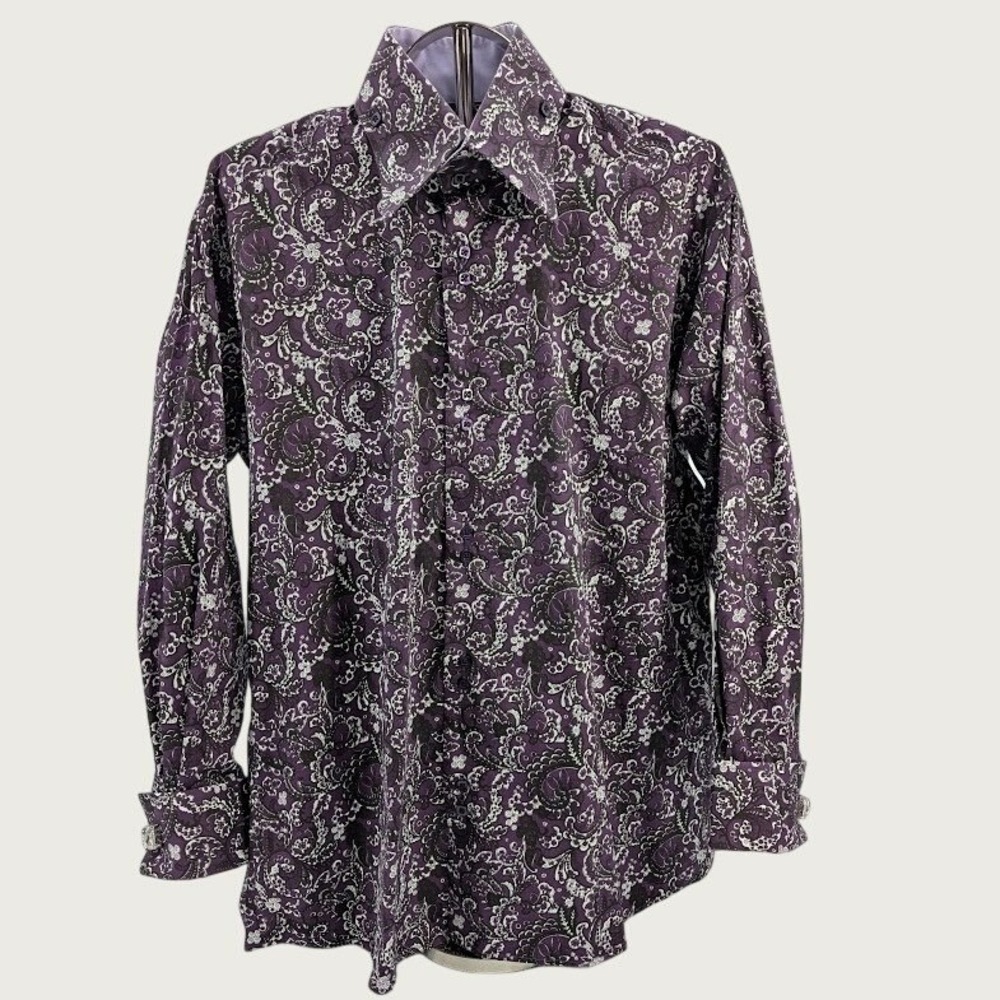 AXXESS Purple Dress Shirt Mens Medium Paisley with Rhinestone Cufflinks‎